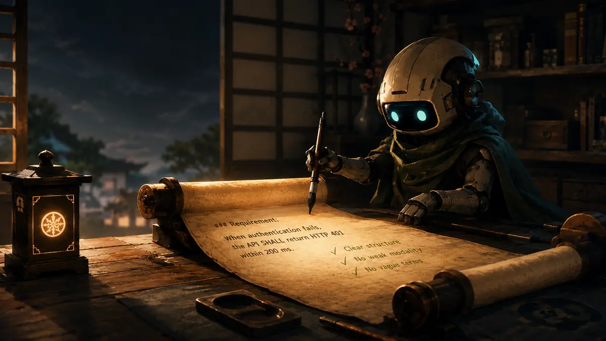 A small robotic scribe reviewing a specification scroll in a quiet workshop before implementation begins.