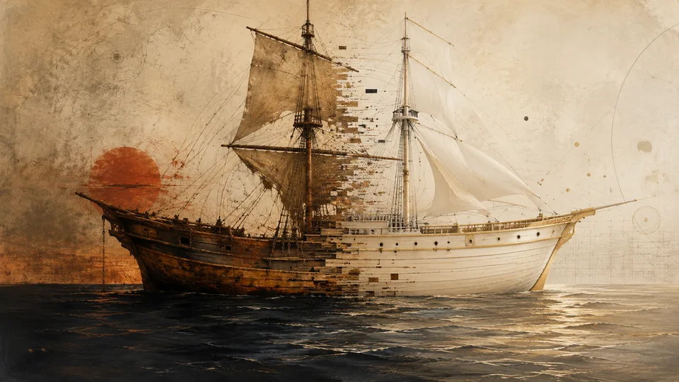 A sailing ship gradually transforming from weathered timber into a pristine rebuilt vessel, representing the Ship of Theseus problem in AI-assisted authorship.